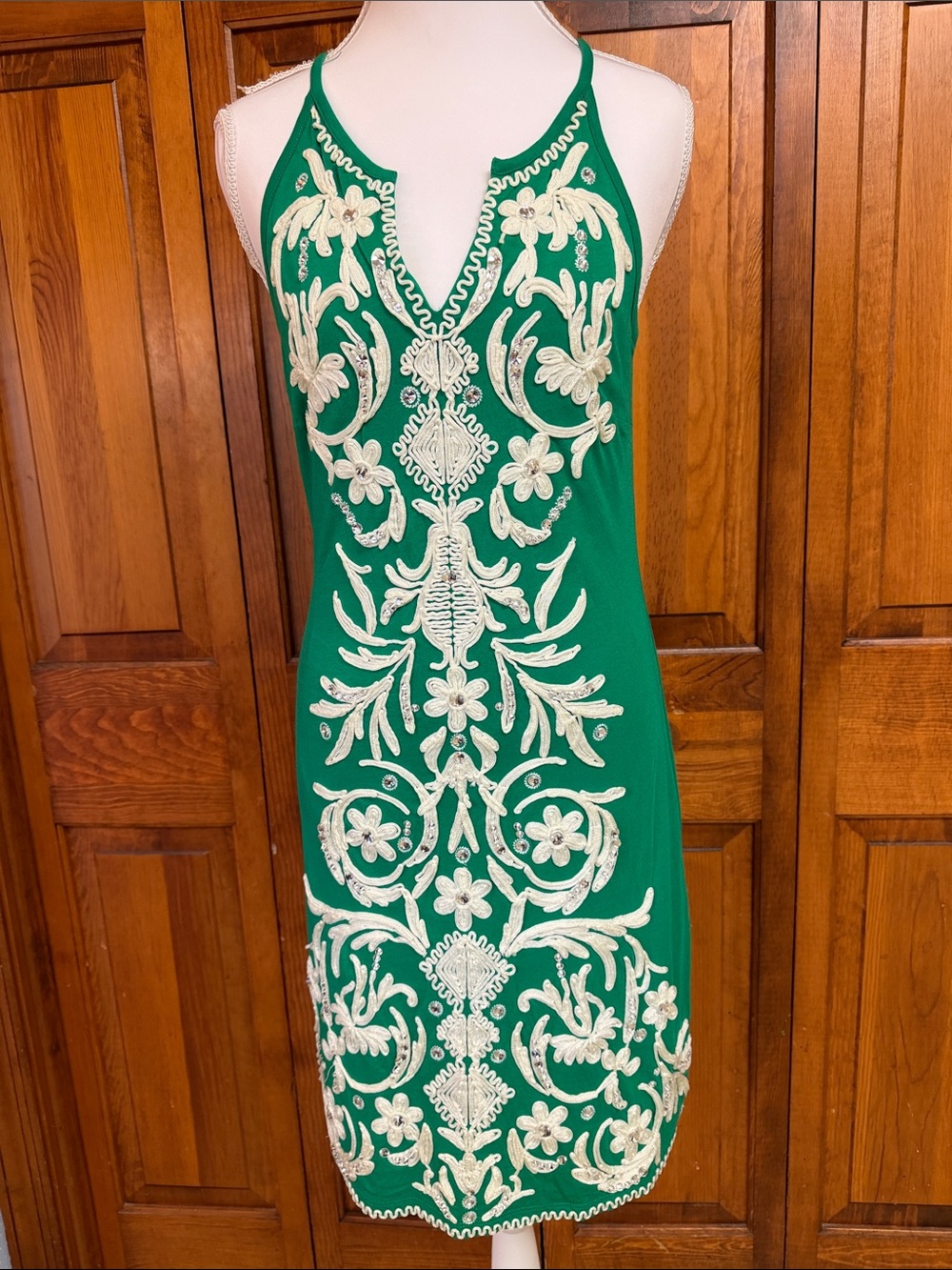INC Women's Green Embroidered Jersey Knit V-Neck Dress Ivory Appliqué Small